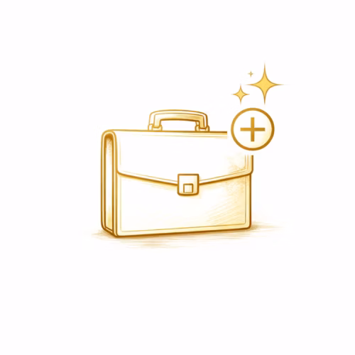 Zlatá jemná líniová ikona aktovky so symbolom plus predstavujúca finančnú stabilitu, zodpovednosť a istotu.