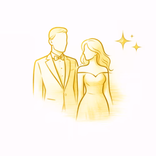 Zlatá jemná líniová ikona elegantného páru symbolizujúca osobný rozvoj, networking a spoločenský rast.