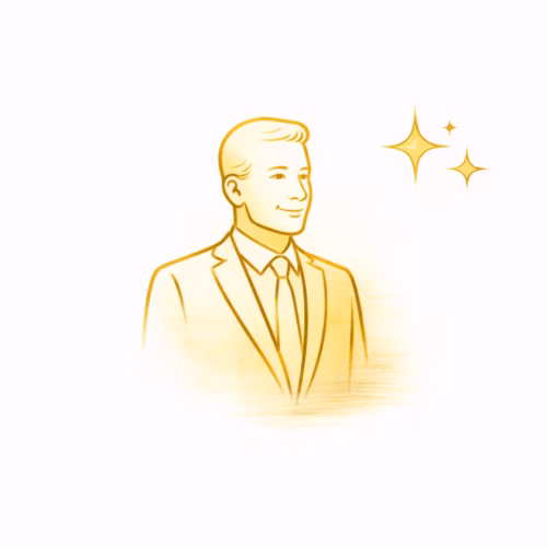 Zlatá minimalistická líniová ikona zrelého muža vyjadrujúca stabilitu, pokoj a životnú vyrovnanosť.