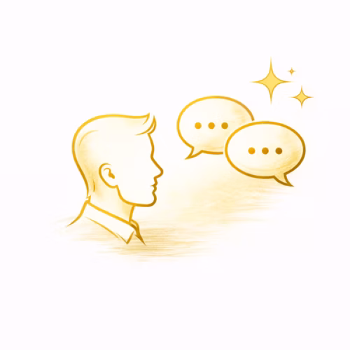 Zlatá minimalistická líniová ikona profilu muža s komunikačnými bublinami znázorňujúca porozumenie, počúvanie a empatiu.