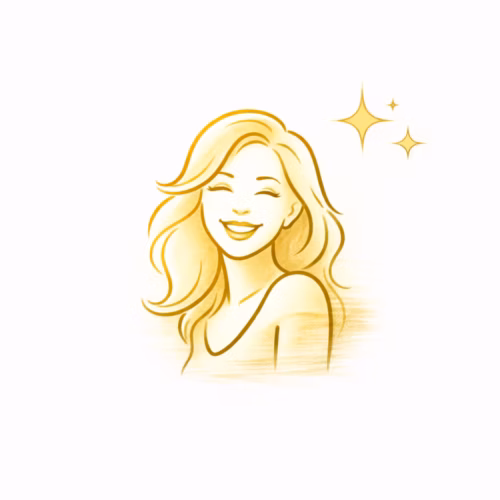 Zlatá jemná líniová ikona usmiatej ženy vyjadrujúca príjemnosť, pozitívnu energiu a prirodzený šarm.