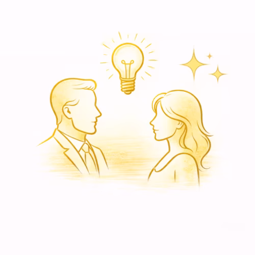 Zlatá elegantná líniová ikona muža a ženy so žiarovkou nad hlavami znázorňujúca mentoring, vedenie a zdieľanie skúseností.