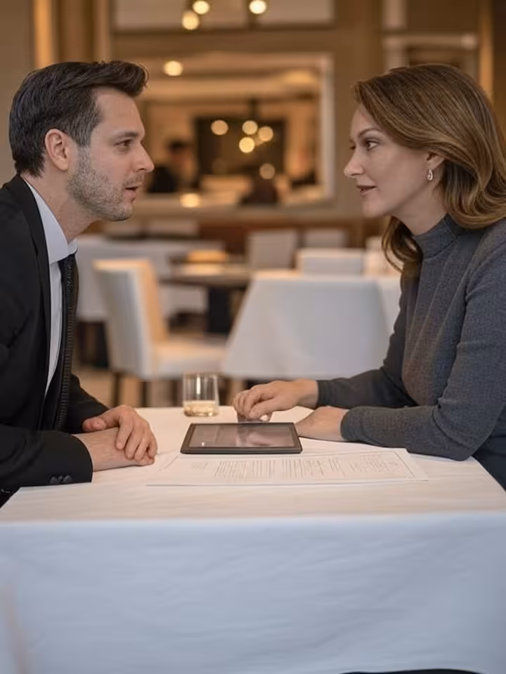 Pár diskutujúci o podmienkach sugar dating vzťahu v reštaurácii