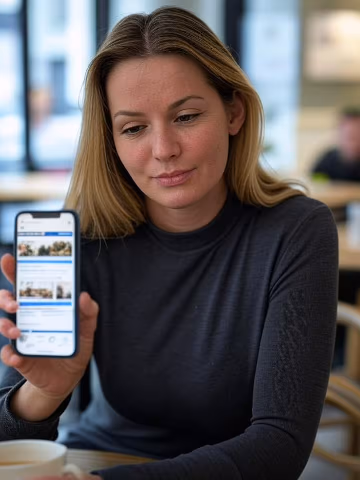 Žena overuje pravosť profilových fotografií pomocou reverzného vyhľadávania obrázkov