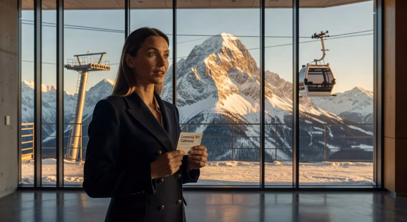 Žena pri lanovke smerujúcej na Lomnický štít vo Vysokých Tatrách