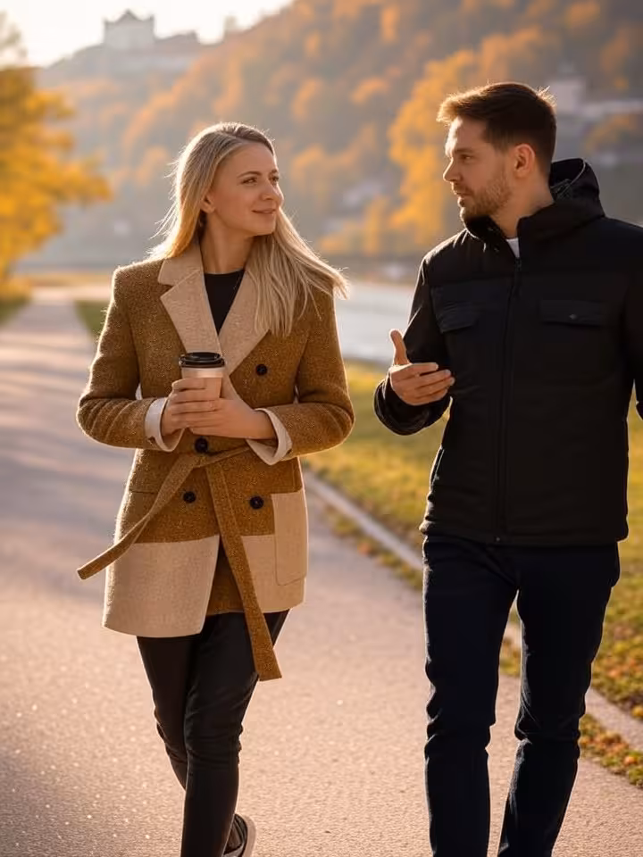 Sugar dating pár na prechádzke pri Váhu v Žiline s hradom v pozadí