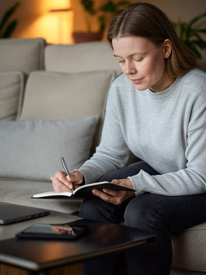 Žena vedie denník o svojich pocitoch a skúsenostiach pre emocionálnu bezpečnosť