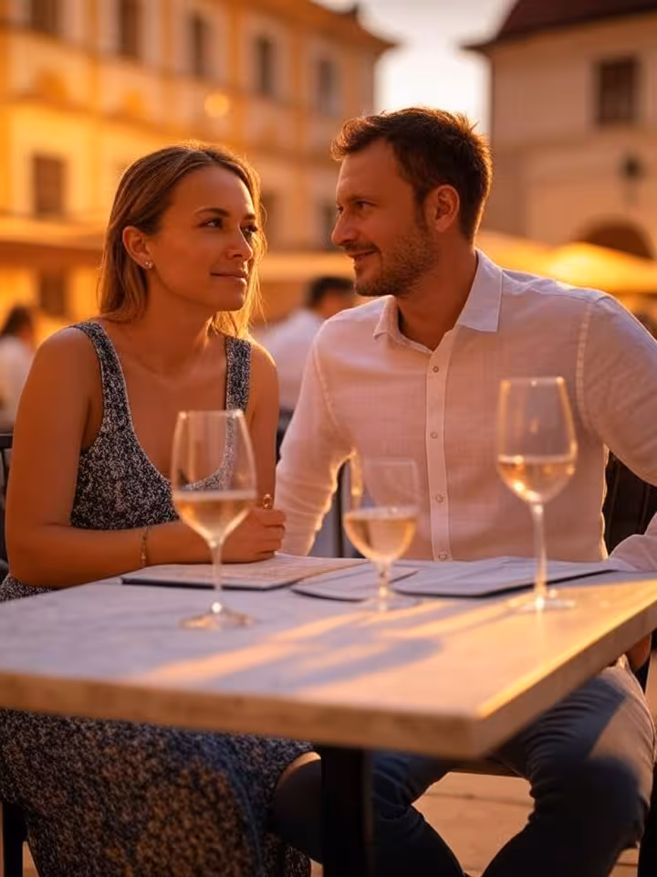 Sugar dating pár na večernej terase v centre Žiliny v lete