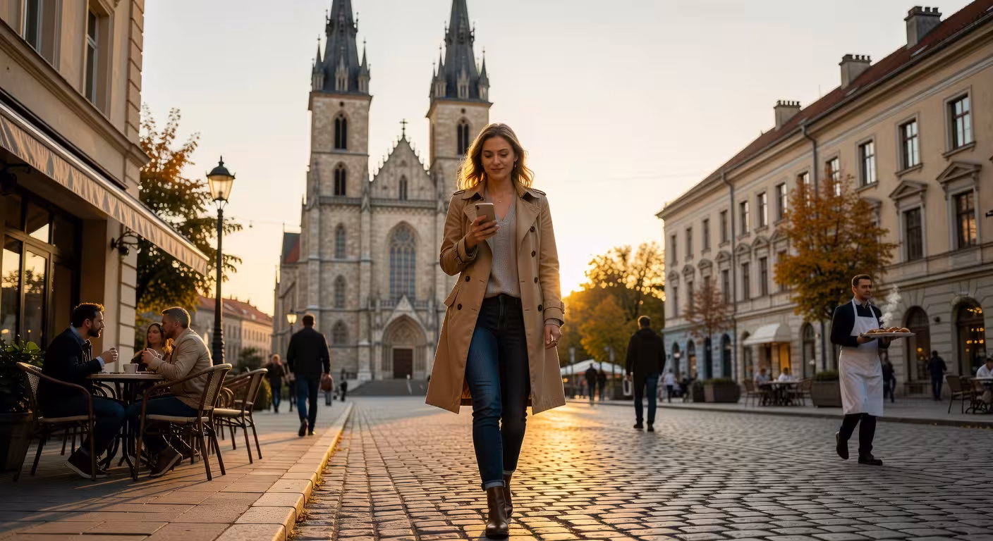 Mladá žena prechádzajúca sa historickým centrom Košíc